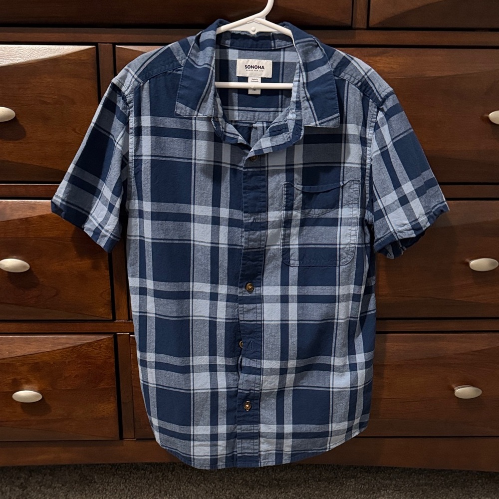 Sonoma Kids  Navy and Light Blue Plaid Button Shirt